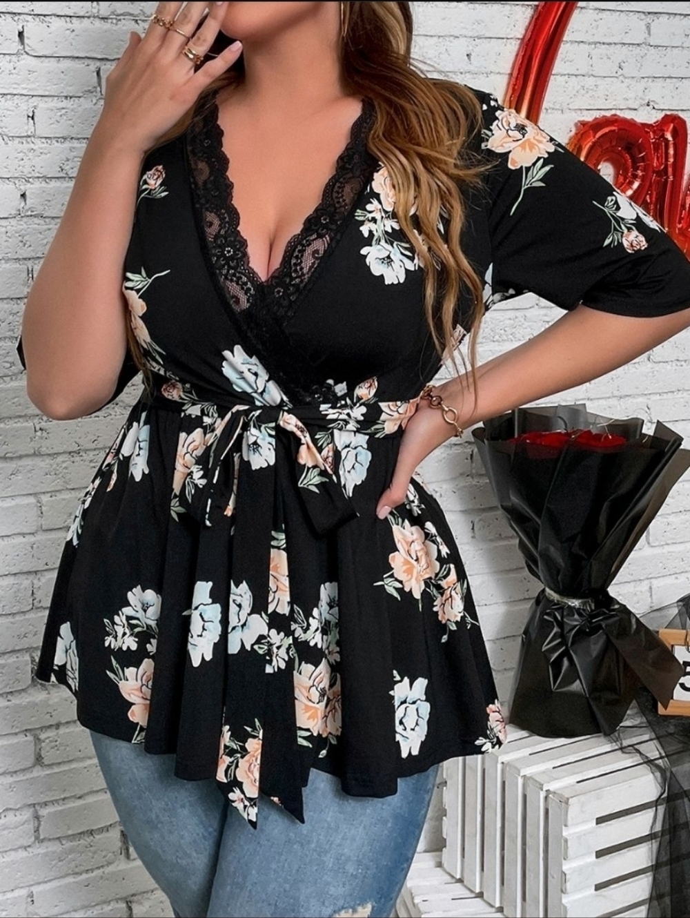 Shein Curve Plus Floral Print Lace Trim V-Neck  Blouse Top Size 0XL Black